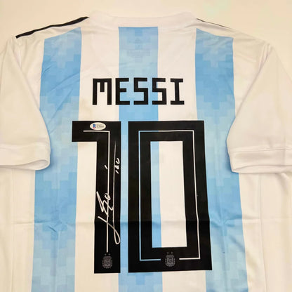 Autographed/Signed Lionel Leo Messi Argentina Blue/White Soccer Jersey Beckett BAS COA