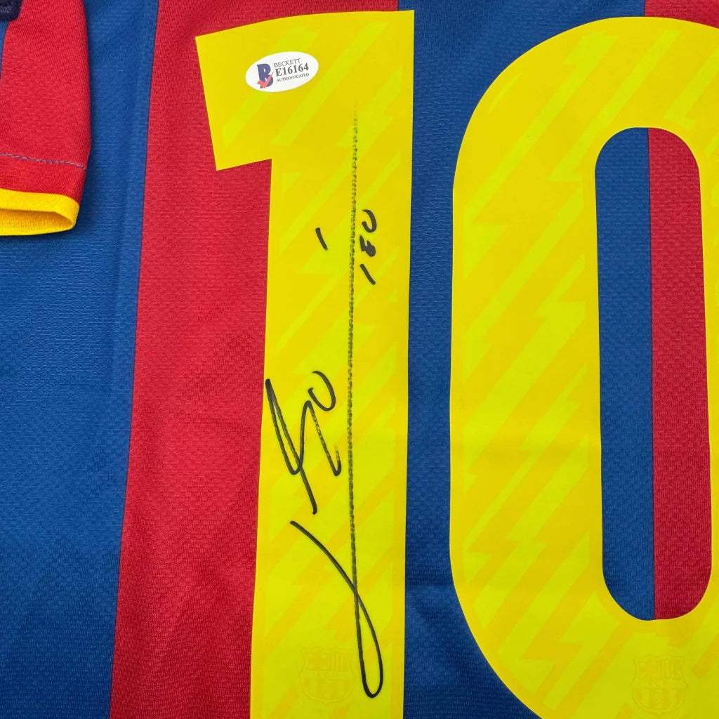 Autographed Lionel Messi FC Barcelona jersey with yellow 10, stripes, BAS COA