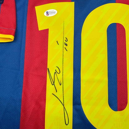 Autographed Lionel Messi FC Barcelona jersey with yellow 10, stripes, BAS COA