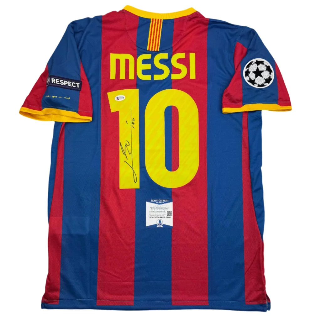 Autographed Lionel Messi FC Barcelona blue red striped jersey with yellow name and number 10, Beckett COA