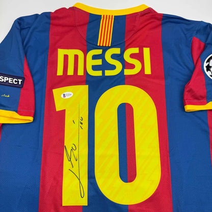 Autographed Lionel Messi FC Barcelona red blue striped jersey with number 10