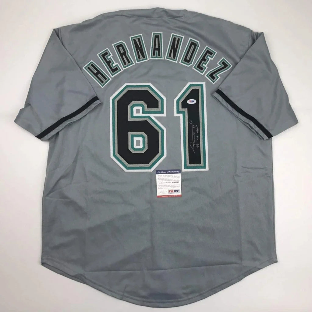 Back of gray custom jersey with black and green trim featuring hernandez 61 for professional sports league use