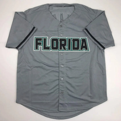Gray florida custom baseball jersey with black and green lettering signed by Livan Hernandez 97 ws mvp professional sports league