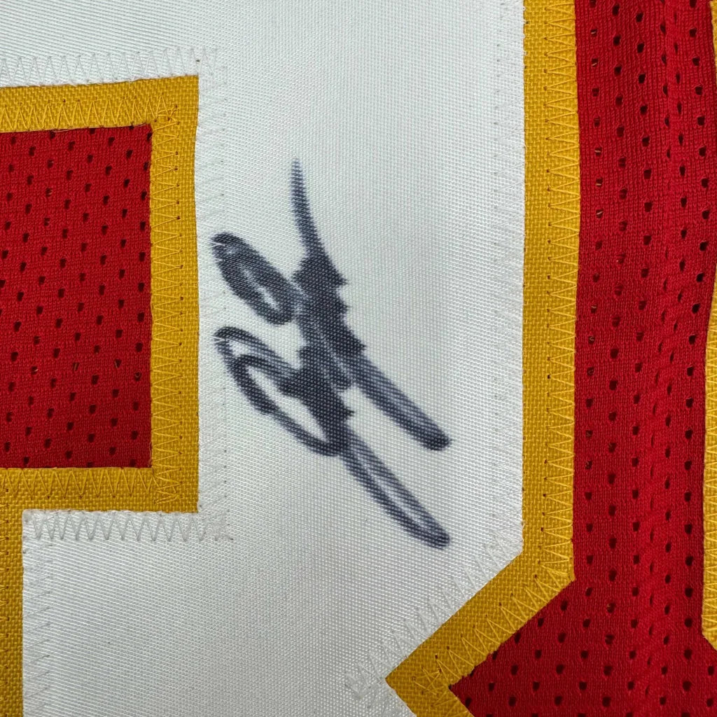 Autographed white and red custom jersey with yellow trim from Professional Sports League