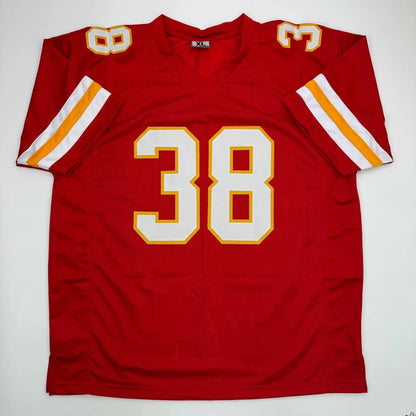 Red and white professional sports league custom jersey with number 38 for L Jarius Sneed
