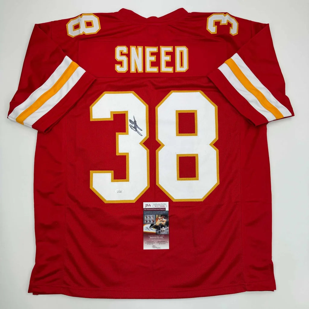Red Kansas City Chiefs Sneed #38 custom jersey with autograph and authentication sticker for professional sports fans
