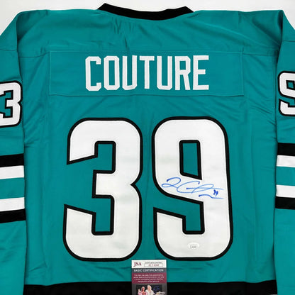 Autographed Logan Couture San Jose Sharks teal custom jersey with number 39