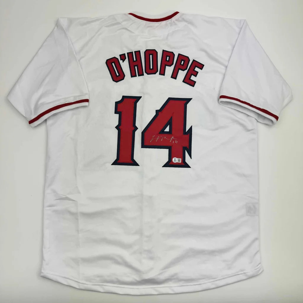 Autographed Logan O'Hoppe Los Angeles LA Anaheim White Baseball Jersey Beckett BAS COA | Hall of Fame Sports Memorabilia | vintageantiquesgifts.com