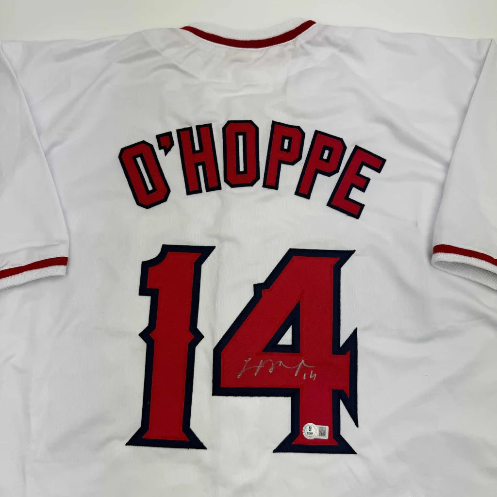 Autographed Logan O'Hoppe Los Angeles LA Anaheim White Baseball Jersey Beckett BAS COA | Certified Authentic Signed Memorabilia | vintageantiquesgifts.com