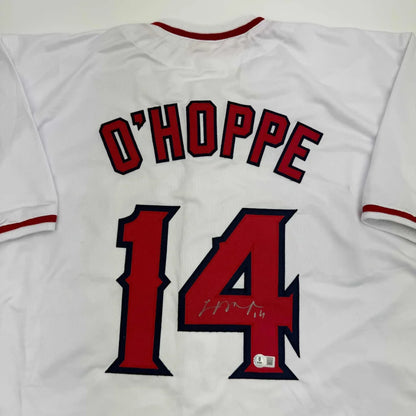 Autographed Logan O'Hoppe Los Angeles LA Anaheim White Baseball Jersey Beckett BAS COA | Certified Authentic Signed Memorabilia | vintageantiquesgifts.com
