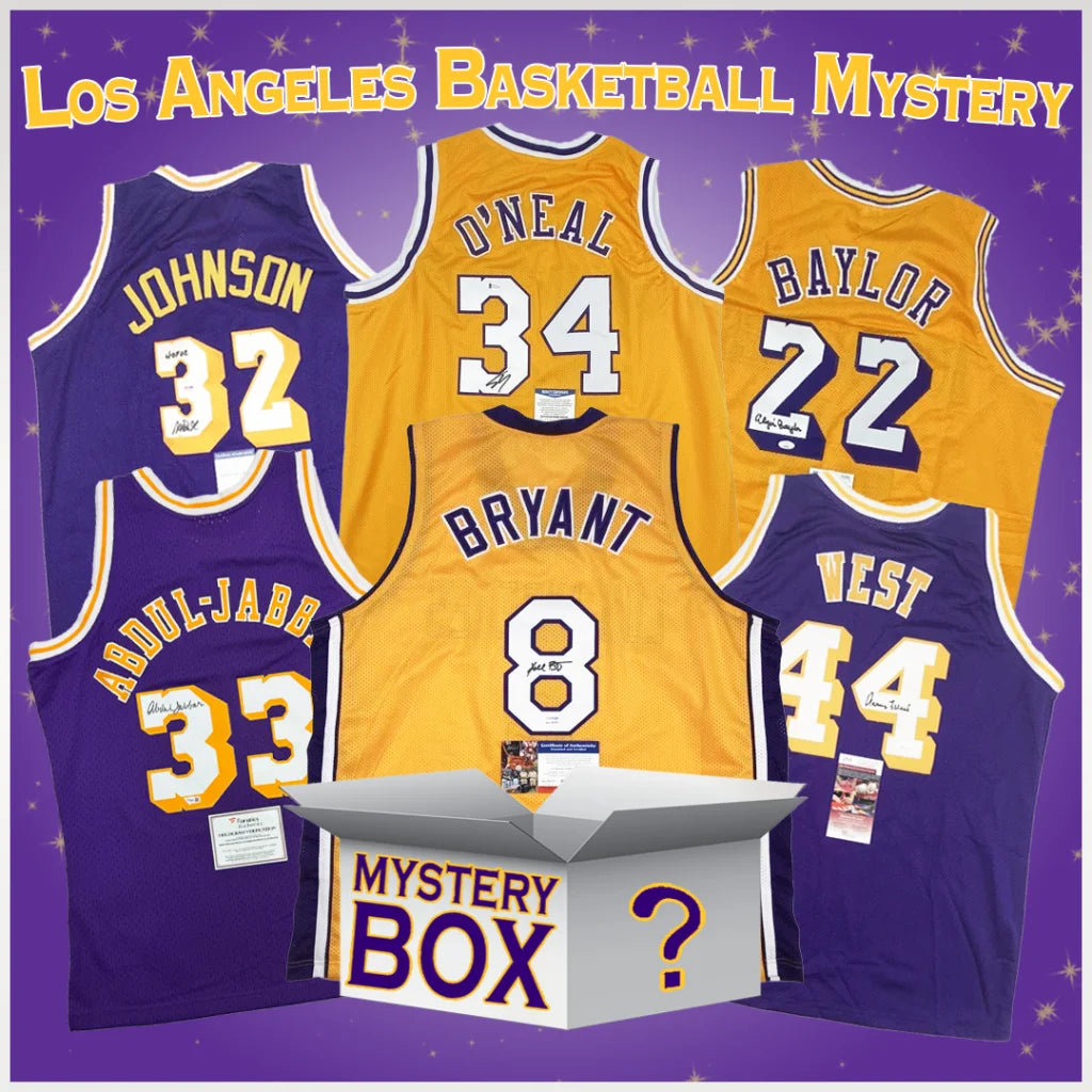 Autographed Los Angeles Lakers jerseys with Johnson 32, ONeal 34, Bryant 8