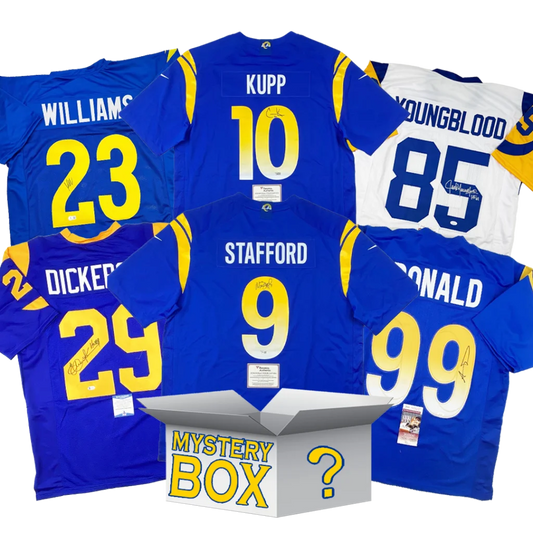 Autographed Los Angeles football jerseys and mystery box from the Los Angeles Rams collection