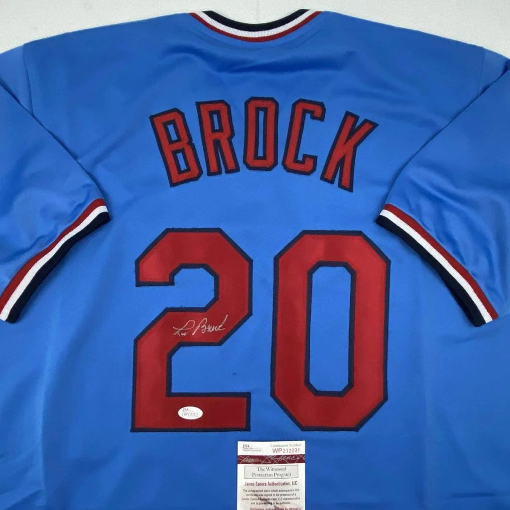 Autographed Lou Brock St. Louis Cardinals blue custom jersey back, number 20