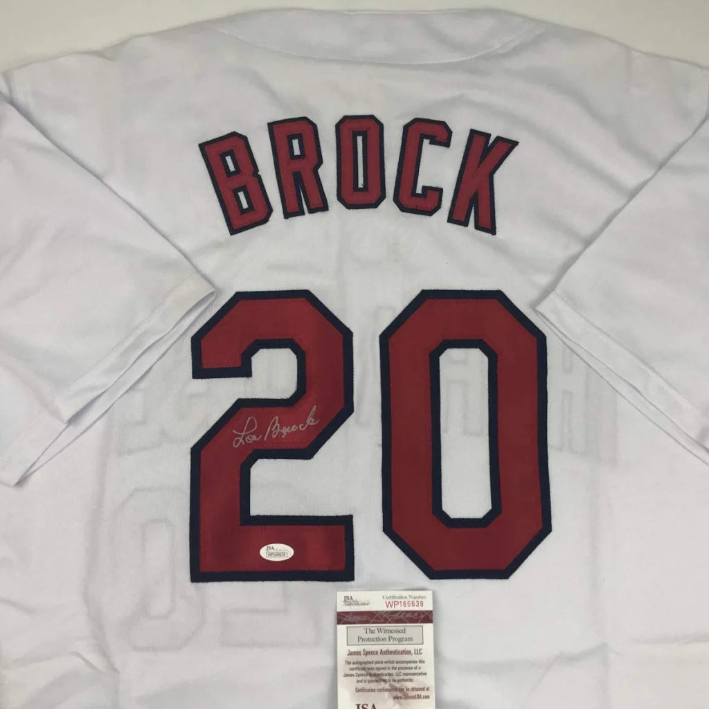 White Lou Brock signed custom jersey from professional sports league with BROCK 20 on back