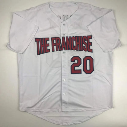 White custom jersey with THE FRANCHISE 20 lettering from Lou Brock, a pro sports legend