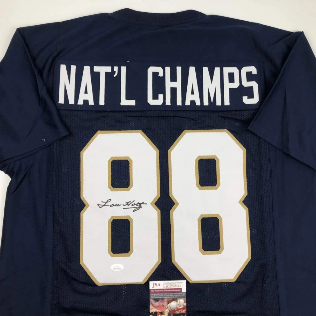 Navy blue autographed lou holtz 1988 national champs notre dame custom jersey with white and gold number 88 back view