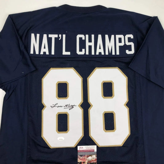 Navy blue autographed lou holtz 1988 national champs notre dame custom jersey with white and gold number 88 back view