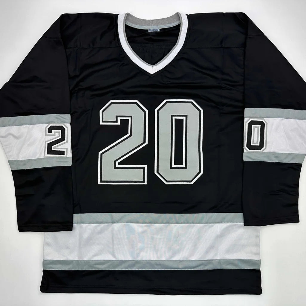 Black custom hockey jersey with 20 and stripes from Luc Robitaille HOF professional sports league