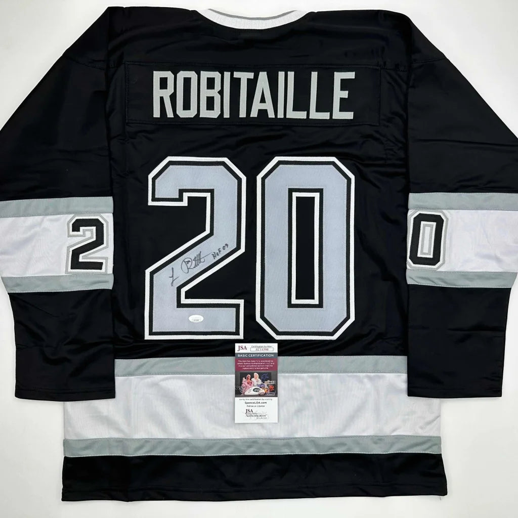 Autographed Luc Robitaille HOF 09 Los Angeles LA Black Hockey Jersey JSA COA | Hall of Fame Sports Memorabilia | vintageantiquesgifts.com