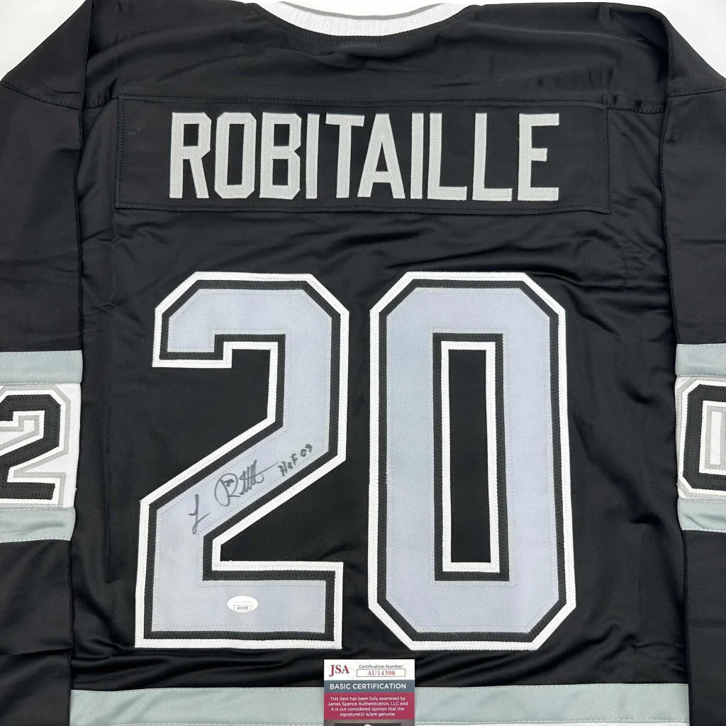 Autographed Luc Robitaille HOF 09 Los Angeles LA Black Hockey Jersey JSA COA | Certified Authentic Signed Memorabilia | vintageantiquesgifts.com