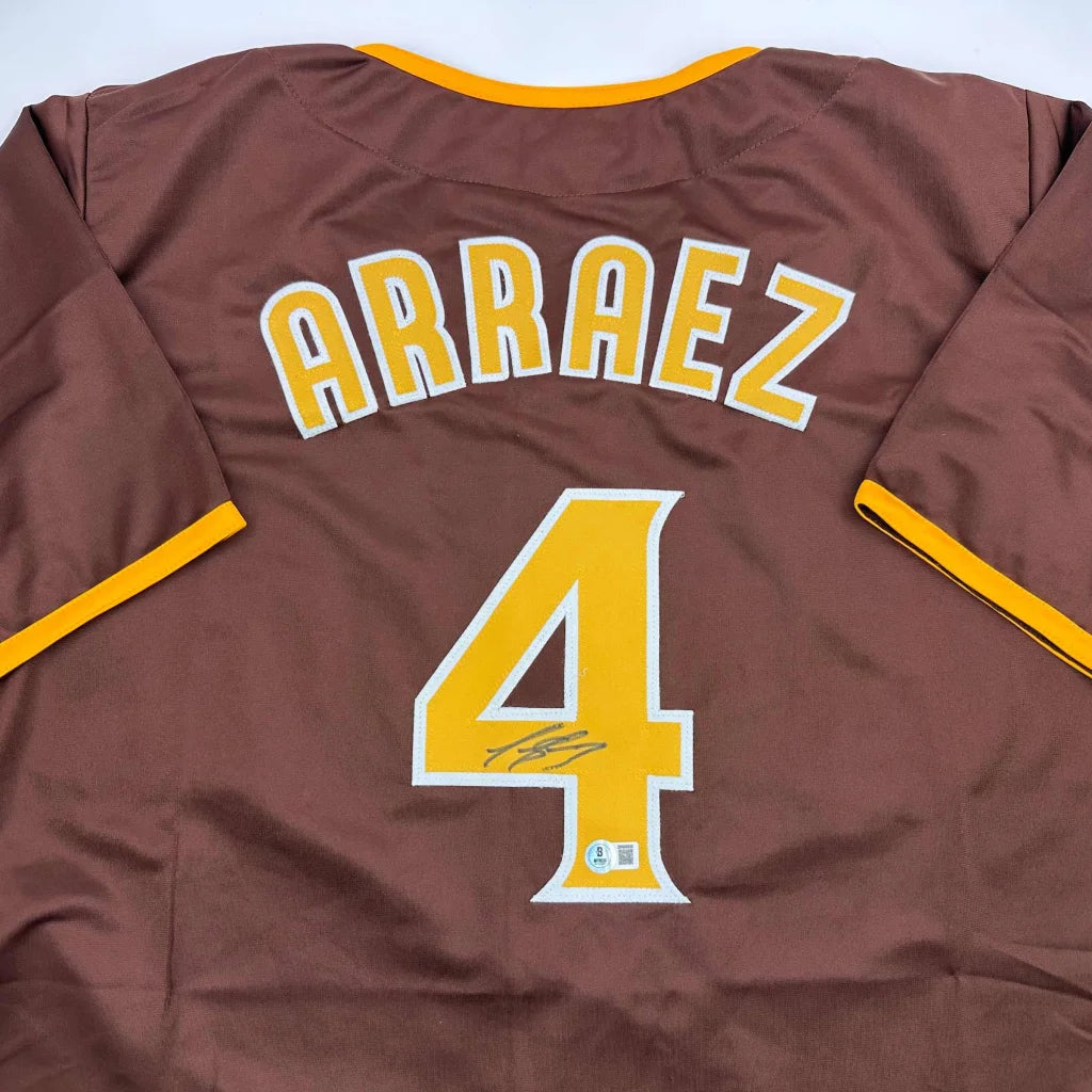 Autographed Luis Arraez San Diego Brown Baseball Jersey Beckett BAS COA | Certified Authentic Signed Memorabilia | vintageantiquesgifts.com