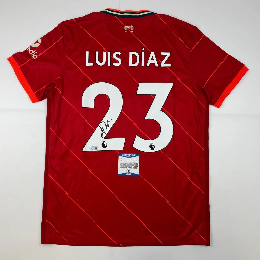 Autographed Luis Diaz Liverpool Red Soccer Jersey Beckett BAS COA | Hall of Fame Sports Memorabilia | vintageantiquesgifts.com