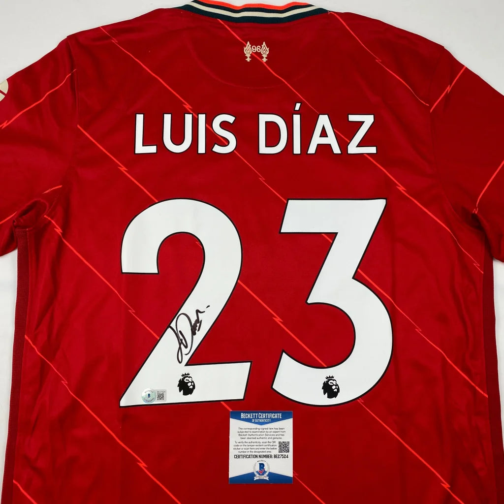 Autographed Luis Diaz Liverpool Red Soccer Jersey Beckett BAS COA | Certified Authentic Signed Memorabilia | vintageantiquesgifts.com