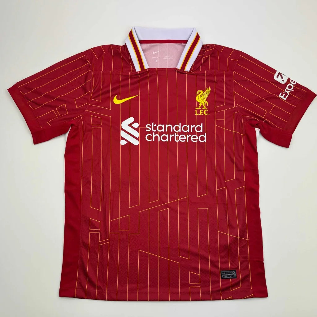 Red Liverpool FC custom jersey with white collar and sponsor logos for professional sports fans