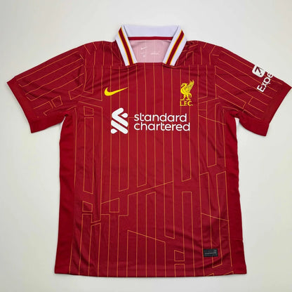Red Liverpool FC custom jersey with white collar and sponsor logos for professional sports fans