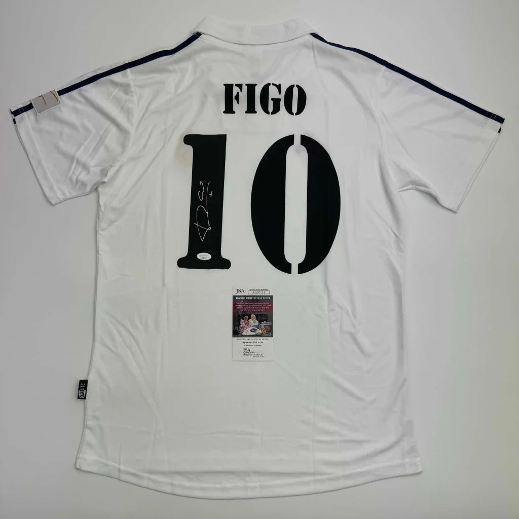 Autographed Luis Figo Real Madrid White Soccer Jersey Beckett BAS COA | Hall of Fame Sports Memorabilia | vintageantiquesgifts.com