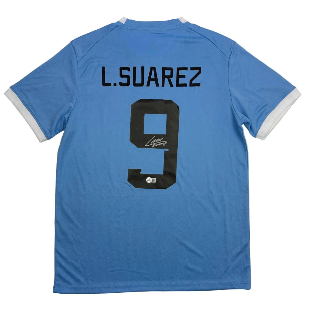Autographed/Signed Luis Suarez Uruguay Blue World Cup Soccer Futbol Jersey Beckett BAS COA