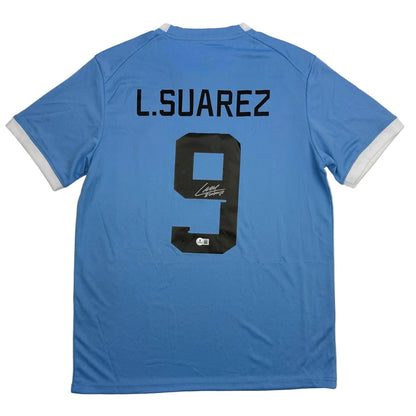 Autographed/Signed Luis Suarez Uruguay Blue World Cup Soccer Futbol Jersey Beckett BAS COA