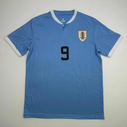 Autographed/Signed Luis Suarez Uruguay Blue World Cup Soccer Futbol Jersey Beckett BAS COA