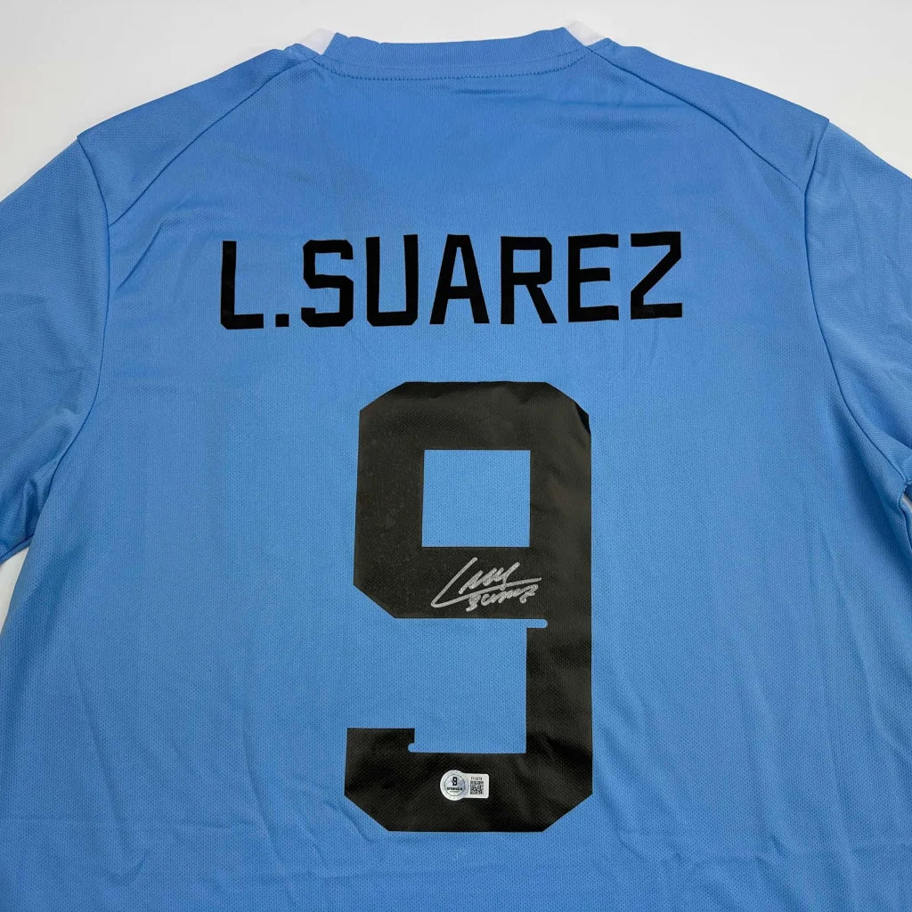 Autographed/Signed Luis Suarez Uruguay Blue World Cup Soccer Futbol Jersey Beckett BAS COA