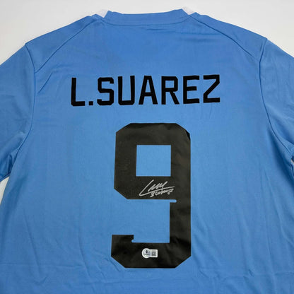 Autographed/Signed Luis Suarez Uruguay Blue World Cup Soccer Futbol Jersey Beckett BAS COA