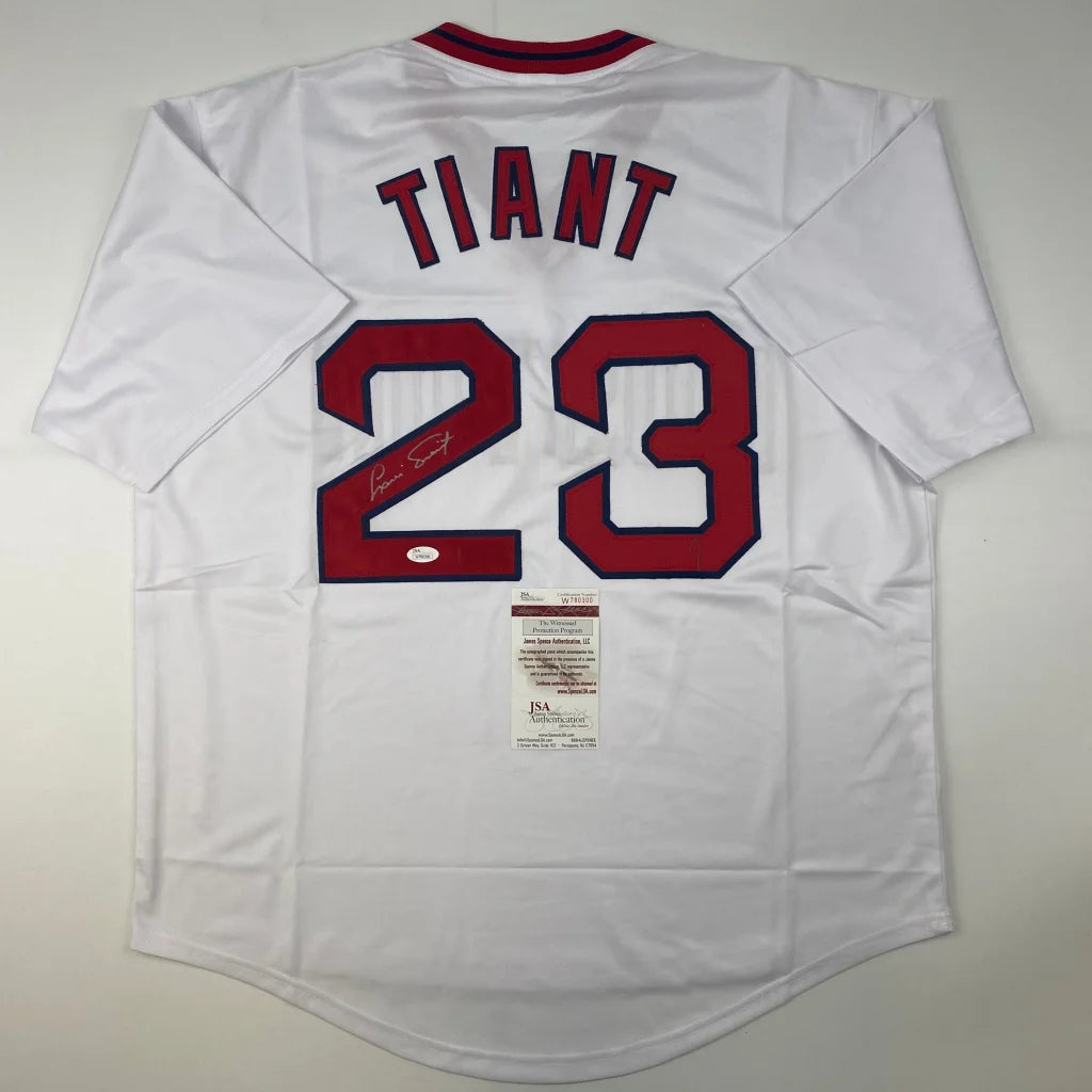 Autographed Luis Tiant Boston Red Sox White Baseball Jersey JSA COA | Hall of Fame Sports Memorabilia | vintageantiquesgifts.com