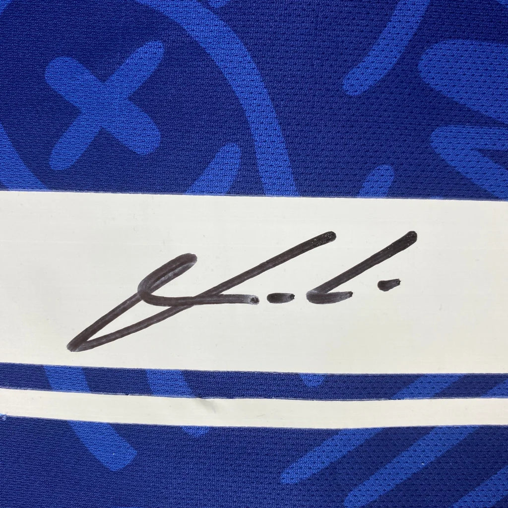 Royal blue fabric with white stripe and bold autograph from Signed Modric Real Madrid Jersey in professional sports league