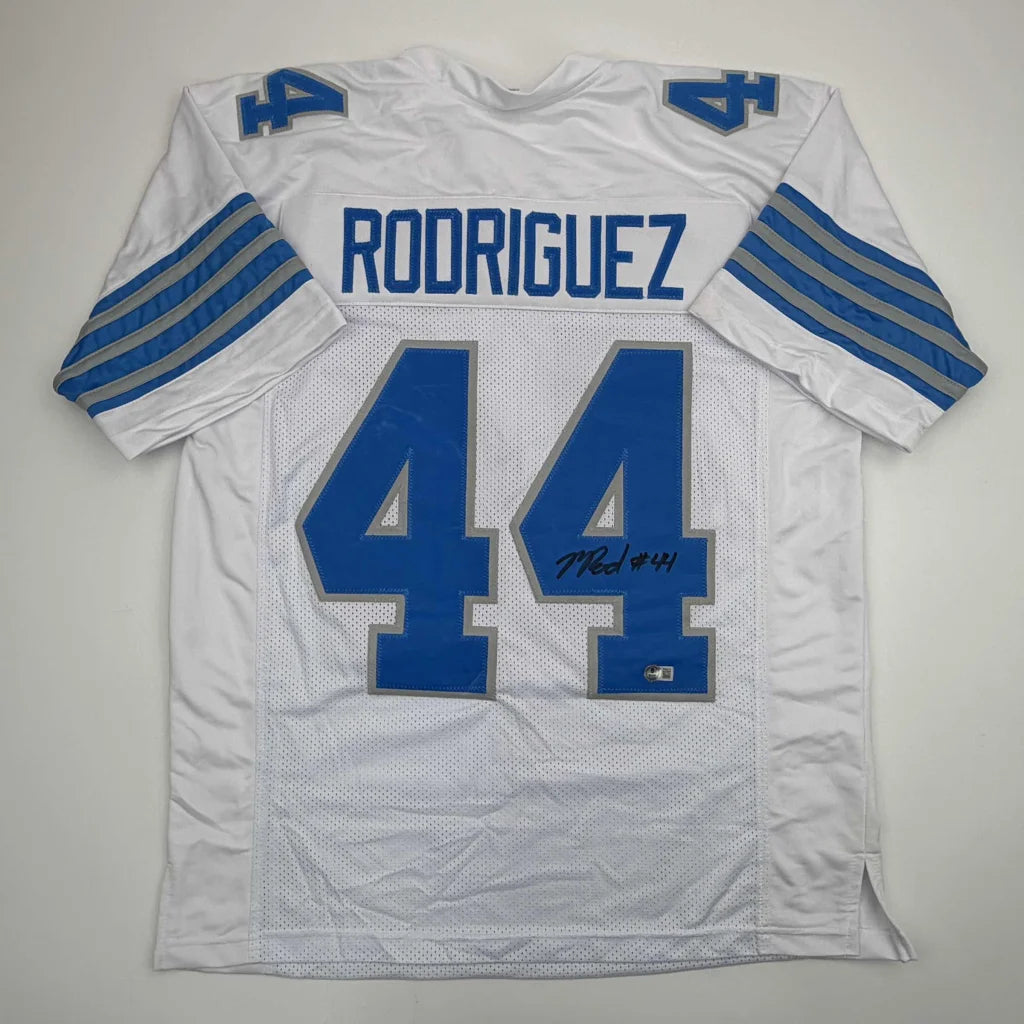Autographed Malcolm Rodriguez Detroit White Football Jersey Beckett BAS COA | Hall of Fame Sports Memorabilia | vintageantiquesgifts.com