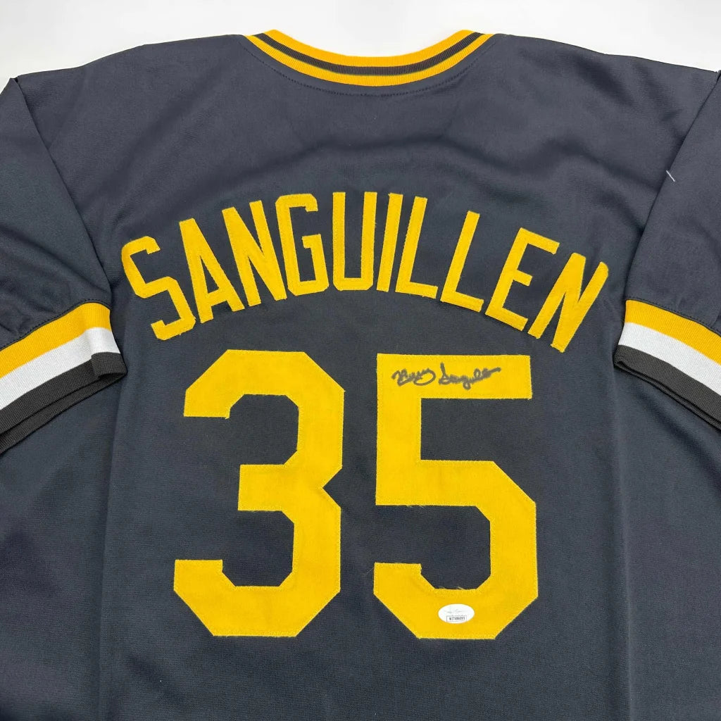 Autographed Manny Sanguillen Pittsburgh Black Baseball Jersey JSA COA | Certified Authentic Signed Memorabilia | vintageantiquesgifts.com