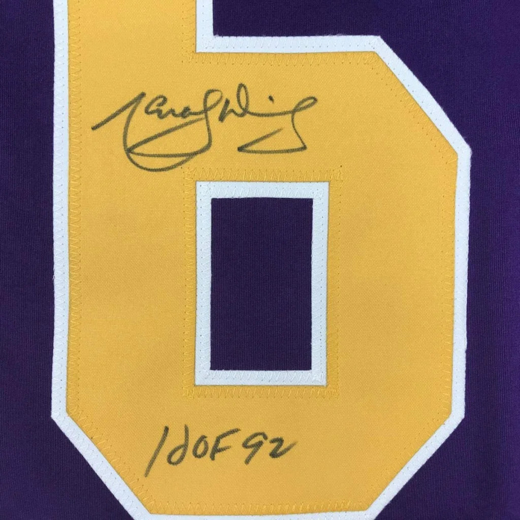 Autographed Marcel Dionne HOF 92 custom purple LA Kings jersey with Jabbar patch