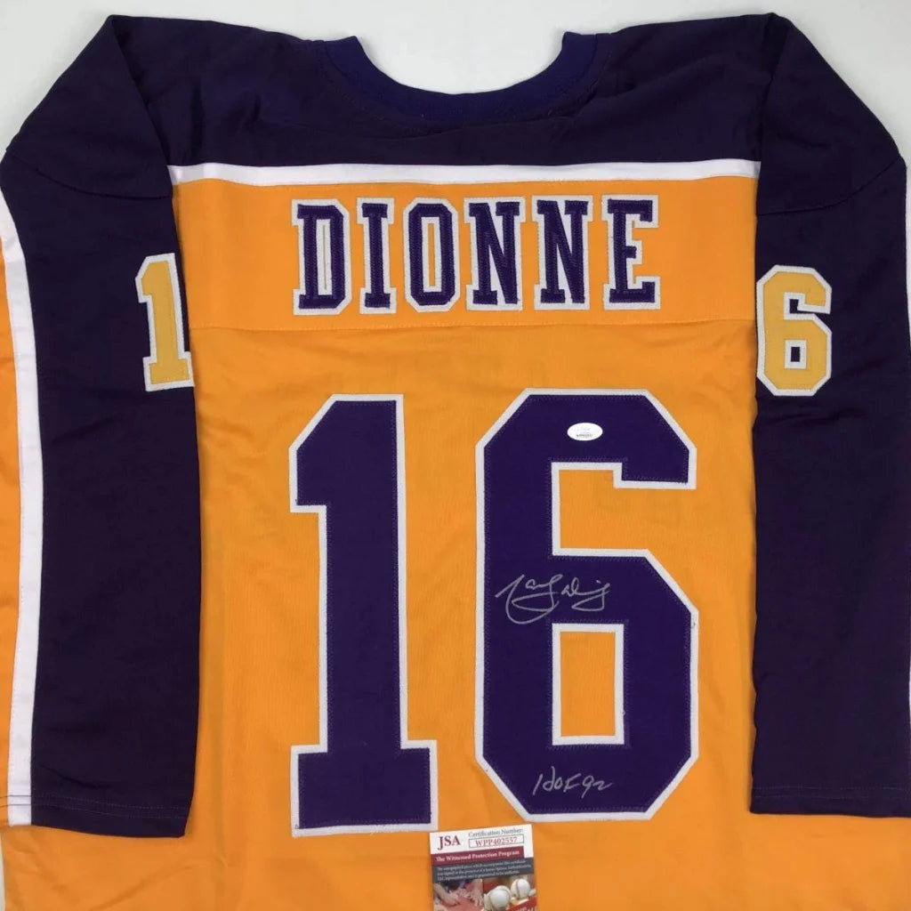 Autographed Marcel Dionne HOF custom LA Kings jersey, purple gold #16 Dionne