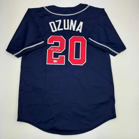 Navy blue custom jersey with OZUNA 20 for professional sports league gear