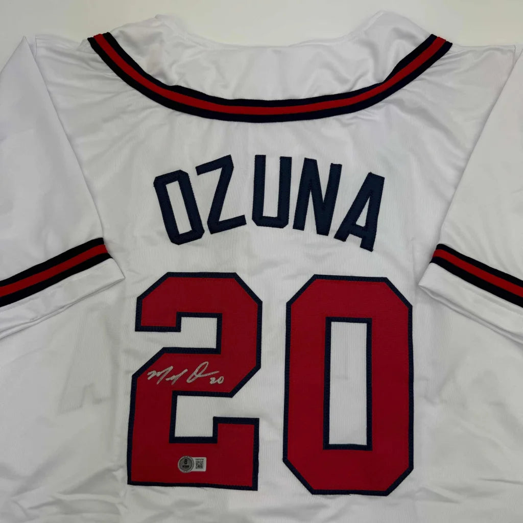 White Ozuna custom jersey with Beckett BAS COA and professional sports autograph