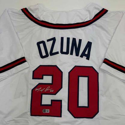 White Ozuna custom jersey with Beckett BAS COA and professional sports autograph