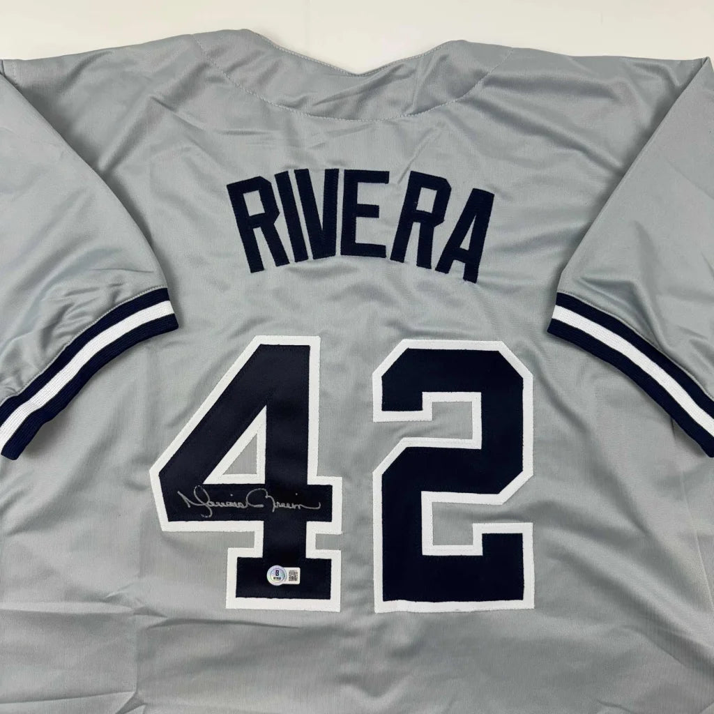 Gray Mariano Rivera custom jersey with 42 autographed and Beckett BAS COA visible