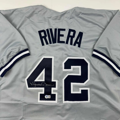 Gray Mariano Rivera custom jersey with 42 autographed and Beckett BAS COA visible