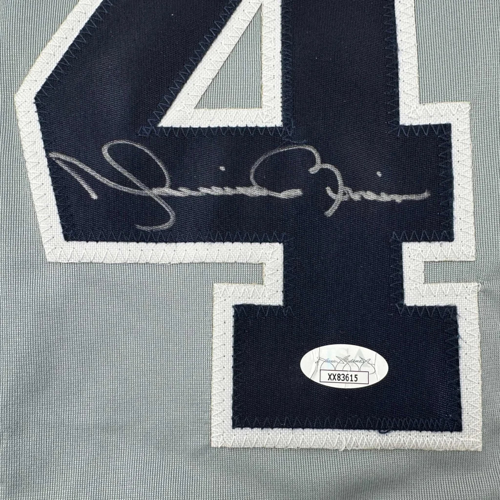 Signed Mariano Rivera gray custom jersey with authentication sticker for professional sports