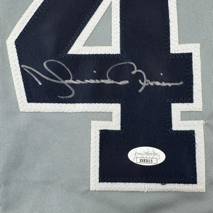 Signed Mariano Rivera gray custom jersey with authentication sticker for professional sports