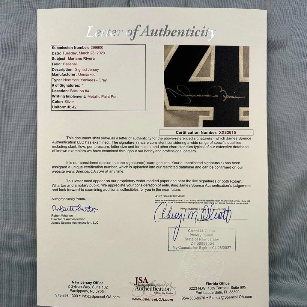 Official letter of authenticity for Mariano Rivera Yankees signed custom jersey in professional sports