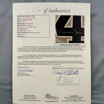 Official letter of authenticity for Mariano Rivera Yankees signed custom jersey in professional sports